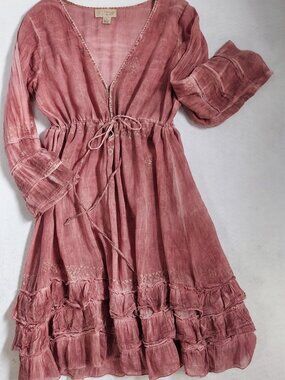 Be Beach by Exist Cover-Up Pink Boho Cotton Ruffle Tunic Size L